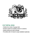 Photographer cut metal sign showcasing a camera design with decorative leaves and an ornamental lower flourish