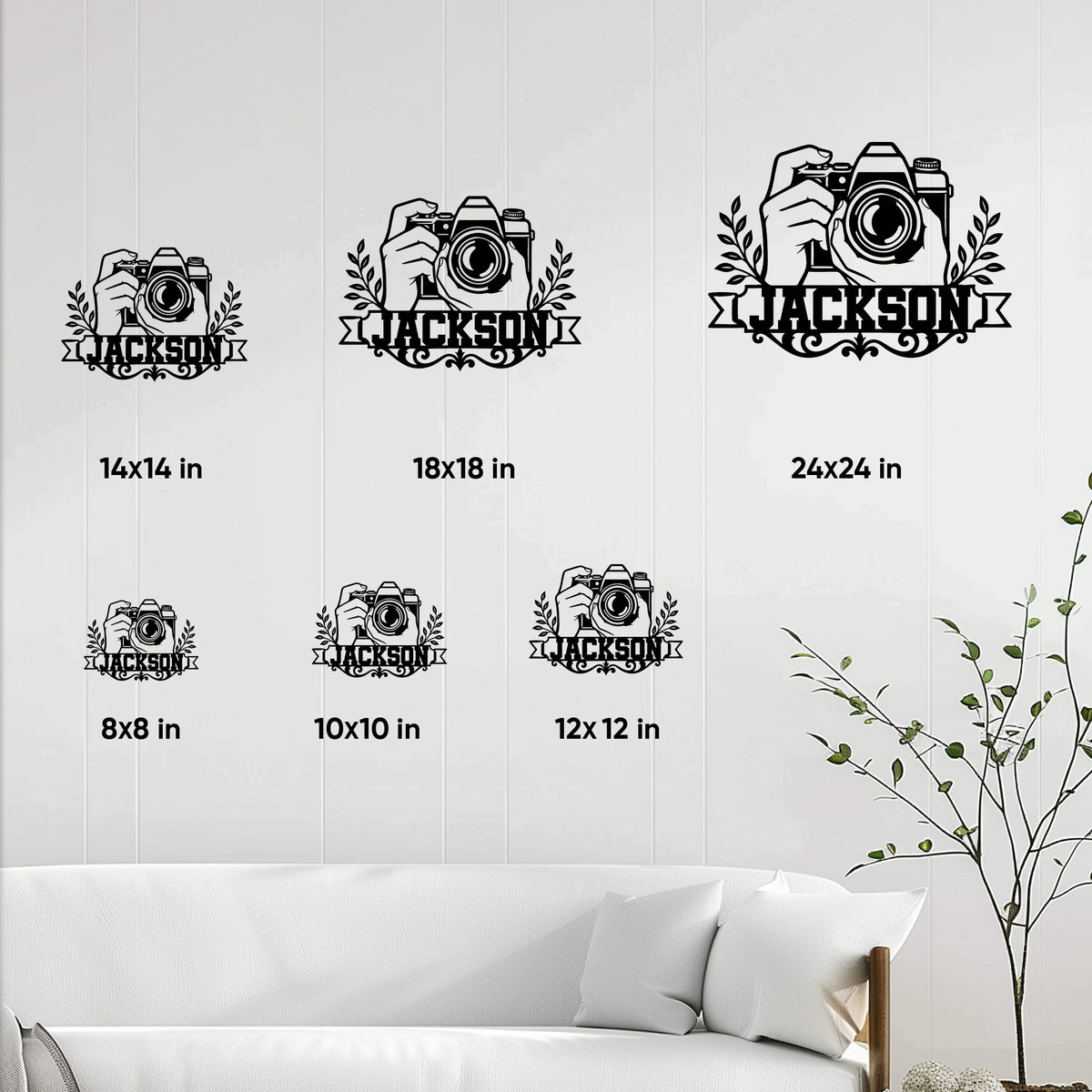 Photographer metal sign size guide showing available square sizes from 8 by 8 to 24 by 24 inches