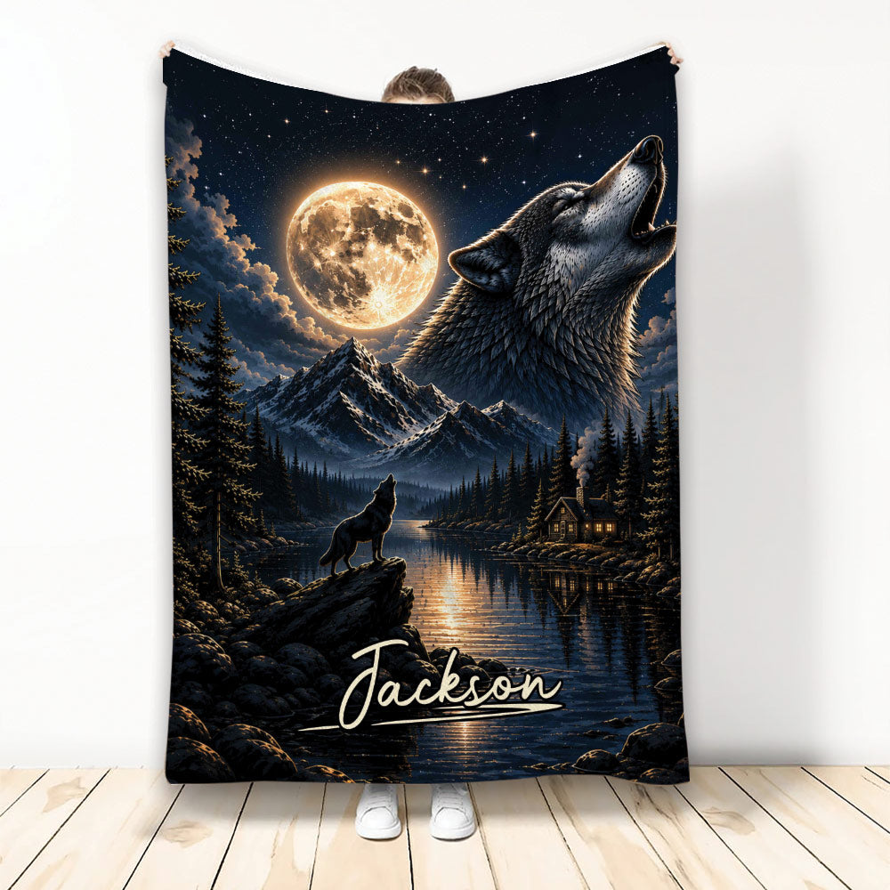 Wolf throw blanket with moonlit mountains, forest lake, cabin, and nighttime wildlife artwork