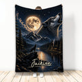 Wolf throw blanket with moonlit mountains, forest lake, cabin, and nighttime wildlife artwork