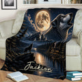 Wolf throw blanket displayed on a sofa with full moon, mountain lake, forest, and cabin scene