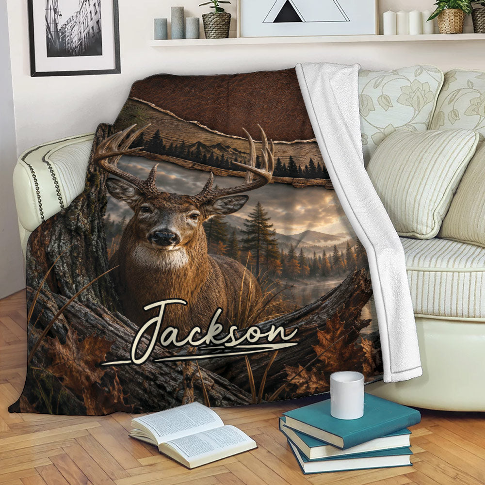 Custom deer blanket displayed on a sofa with a buck, pine forest, mountains and rustic outdoor artwork