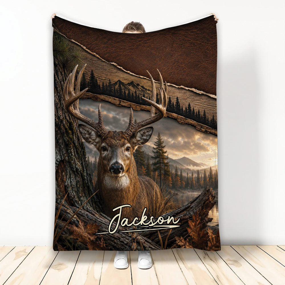Rustic deer throw blanket featuring a buck in a mountain forest landscape with earthy woodland tones