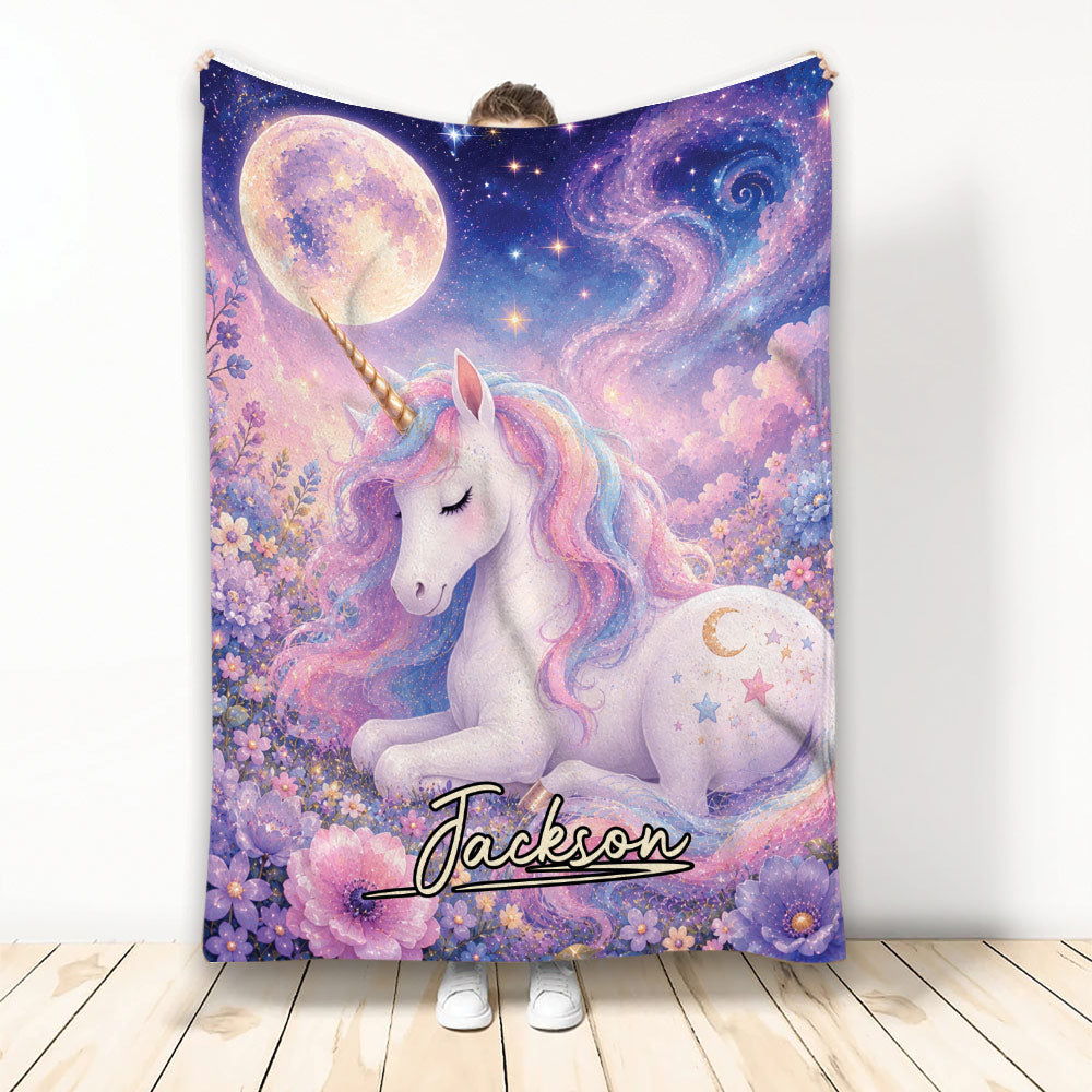 Pastel unicorn throw blanket with rainbow mane, flowers, moon, stars, and a dreamy galaxy background