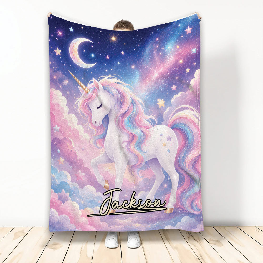Unicorn throw blanket with pastel rainbow mane, crescent moon, stars, clouds, and dreamy galaxy artwork
