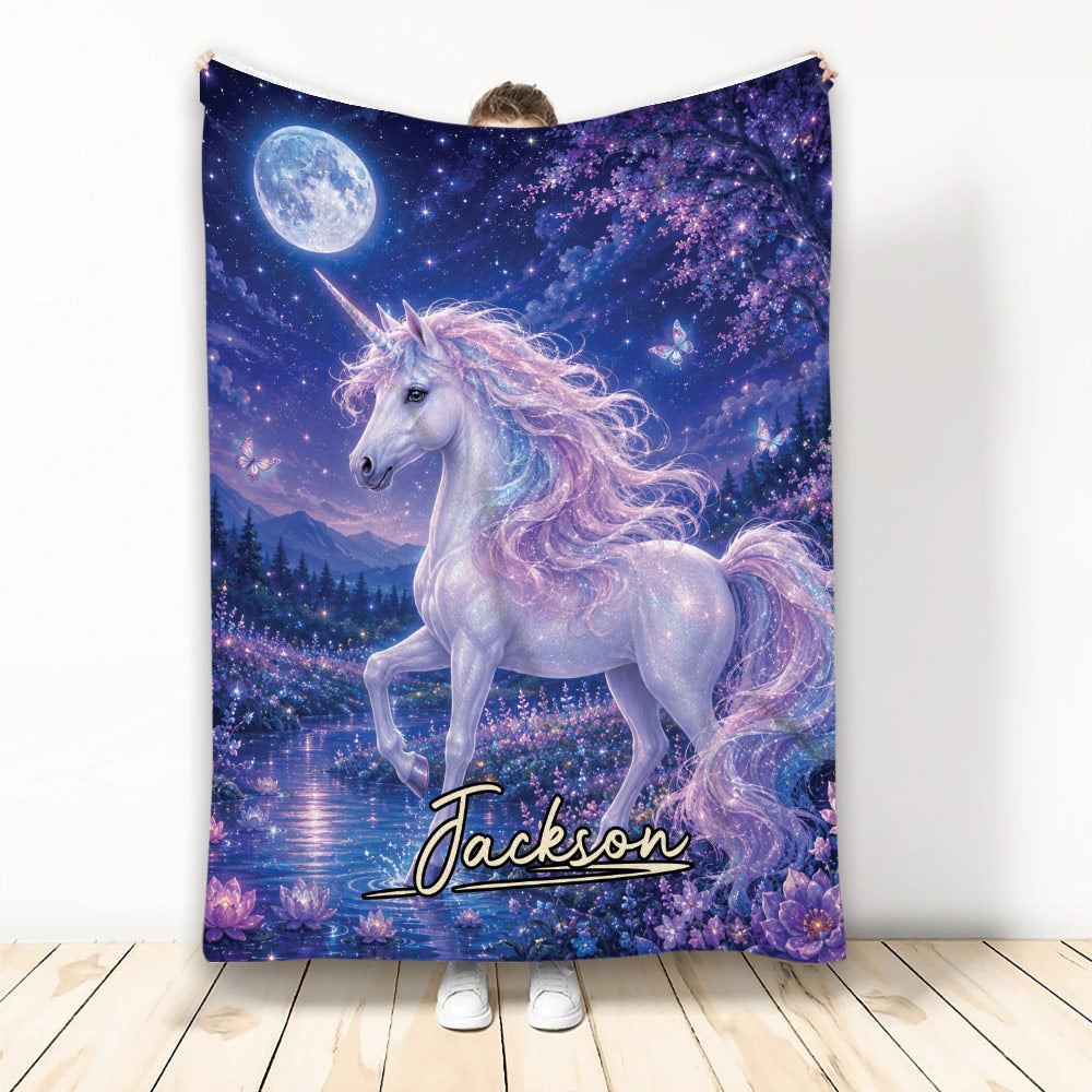 Unicorn throw blanket displayed with a magical moonlit lake, lavender flowers, stars, and fantasy artwork
