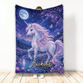 Unicorn throw blanket displayed with a magical moonlit lake, lavender flowers, stars, and fantasy artwork