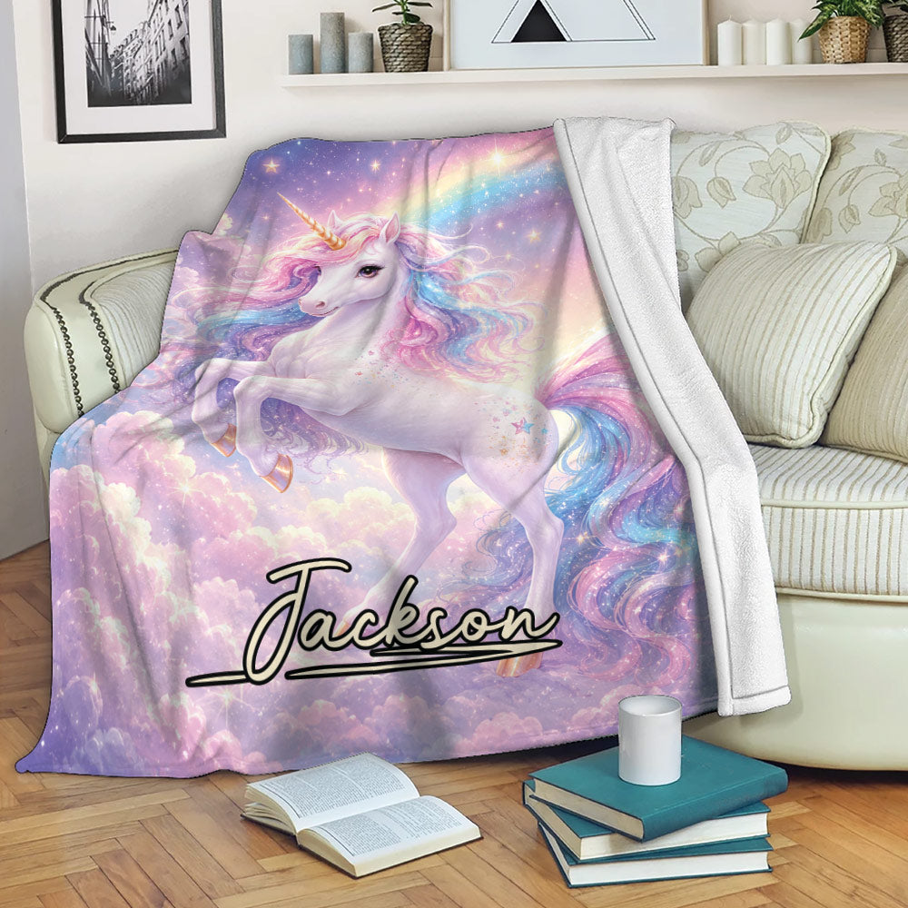 Pastel unicorn throw blanket draped over a sofa in a cozy living room
