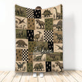 Vintage dinosaur patchwork throw blanket displayed upright with illustrated dinosaurs and checkerboard accents