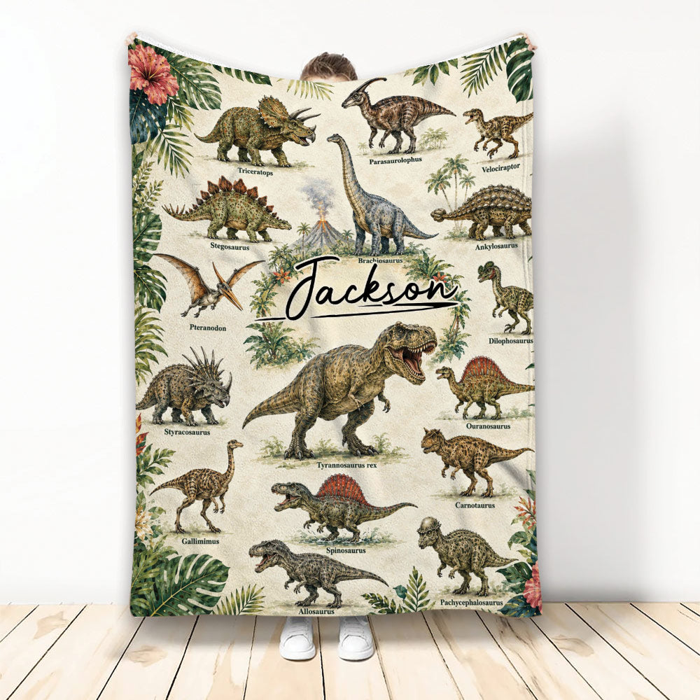 Dinosaur throw blanket with illustrated prehistoric species, tropical leaves, and vintage natural history artwork