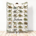Dinosaur alphabet throw blanket featuring illustrated prehistoric creatures and botanical border artwork