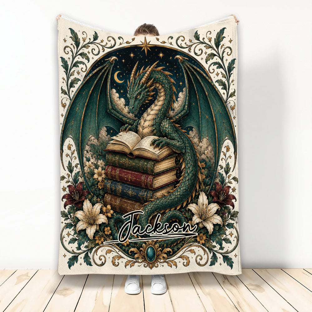Ornate dragon blanket featuring a winged green dragon resting on antique books beneath a starry night sky