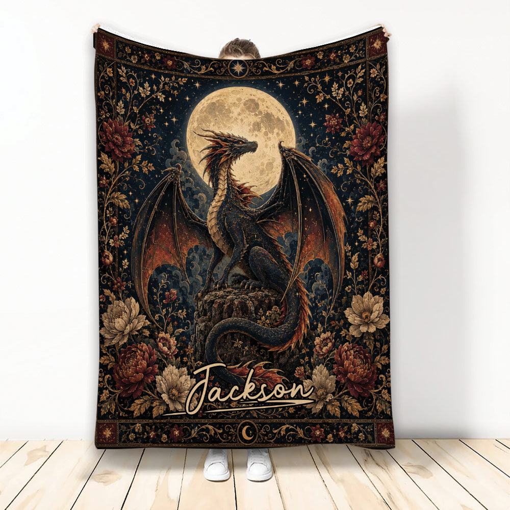 Dragon throw blanket with moonlit artwork, ornate flowers, stars, and dark fantasy colors