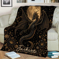 Fantasy dragon blanket draped over a sofa, featuring moonlight, stars and ornate flowers