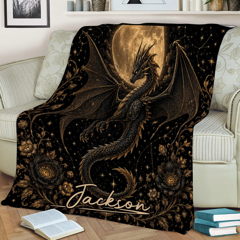 Fantasy dragon blanket draped over a sofa, featuring moonlight, stars and ornate flowers