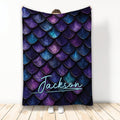 Dragon scale throw blanket displayed in purple, blue, and teal fantasy artwork