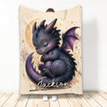 Custom dragon throw blanket featuring a sleeping purple and blue dragon with wings, horns, and starry artwork