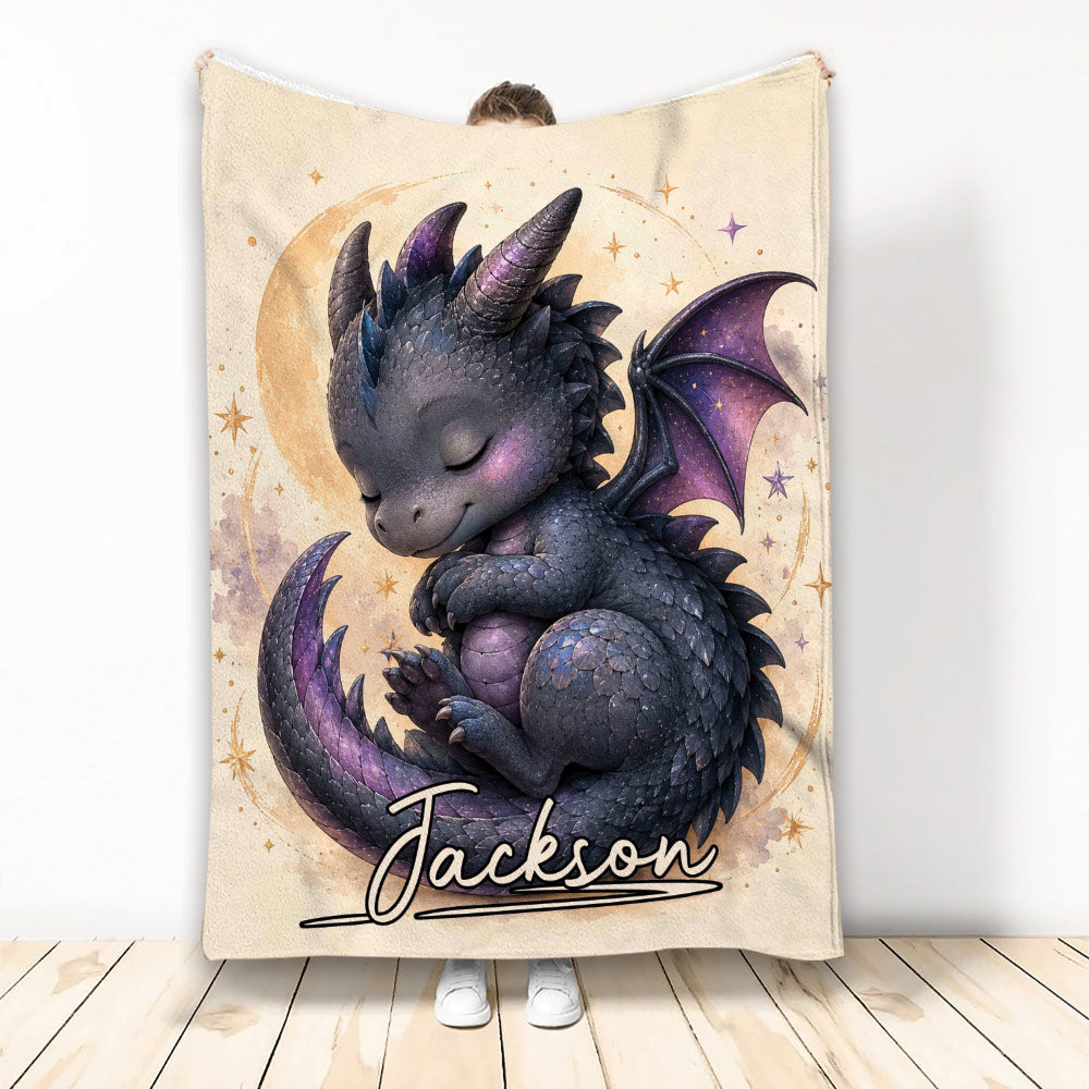 Custom dragon throw blanket featuring a sleeping purple and blue dragon with wings, horns, and starry artwork
