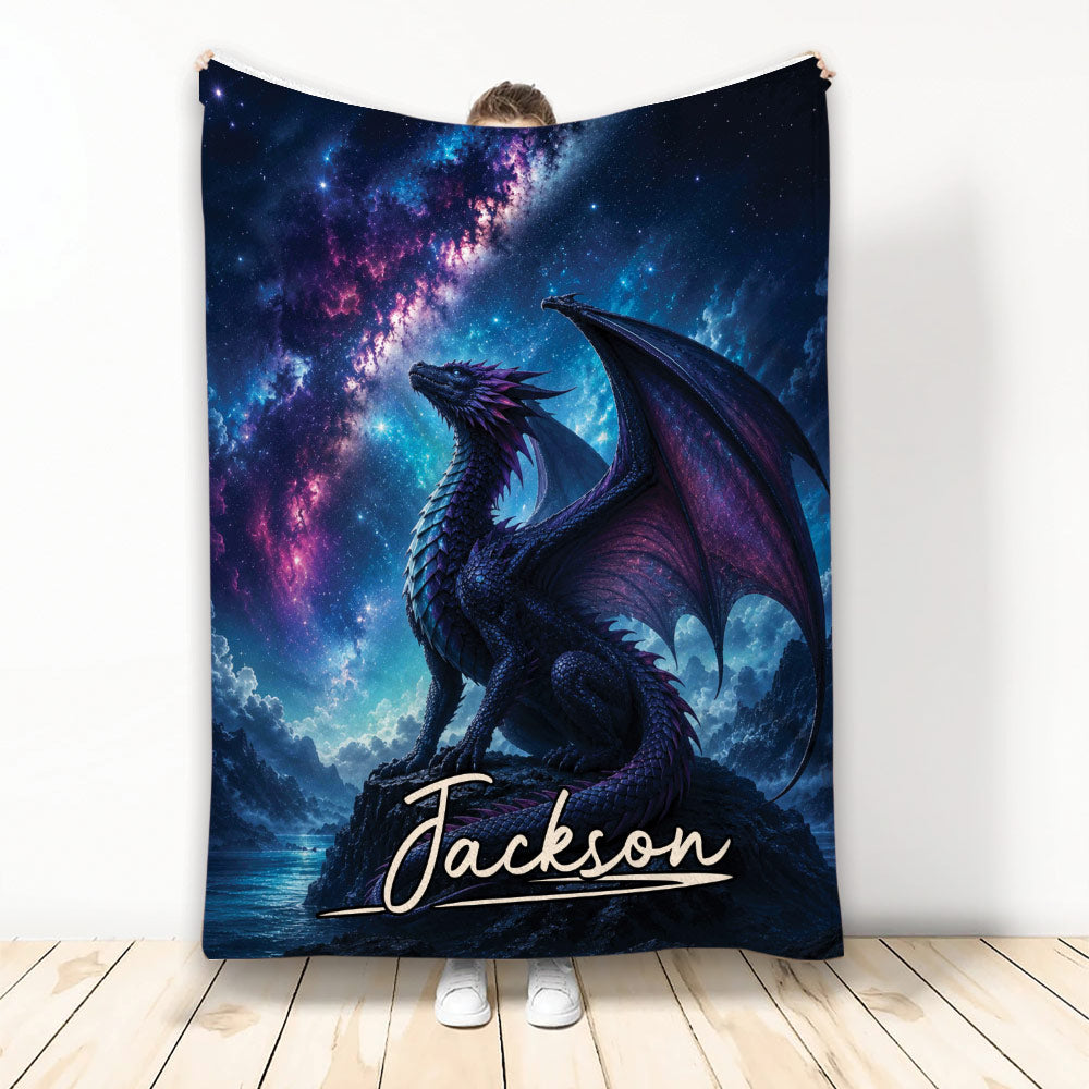 Dragon throw blanket featuring a dark purple dragon beneath a vivid starry galaxy sky