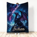 Dragon throw blanket featuring a dark purple dragon beneath a vivid starry galaxy sky