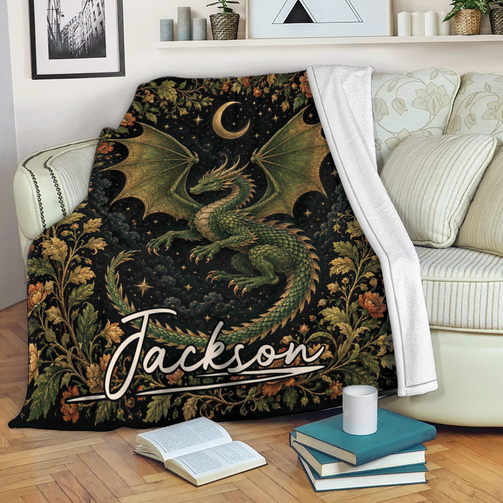 Green dragon throw blanket displayed on a sofa with celestial and botanical artwork