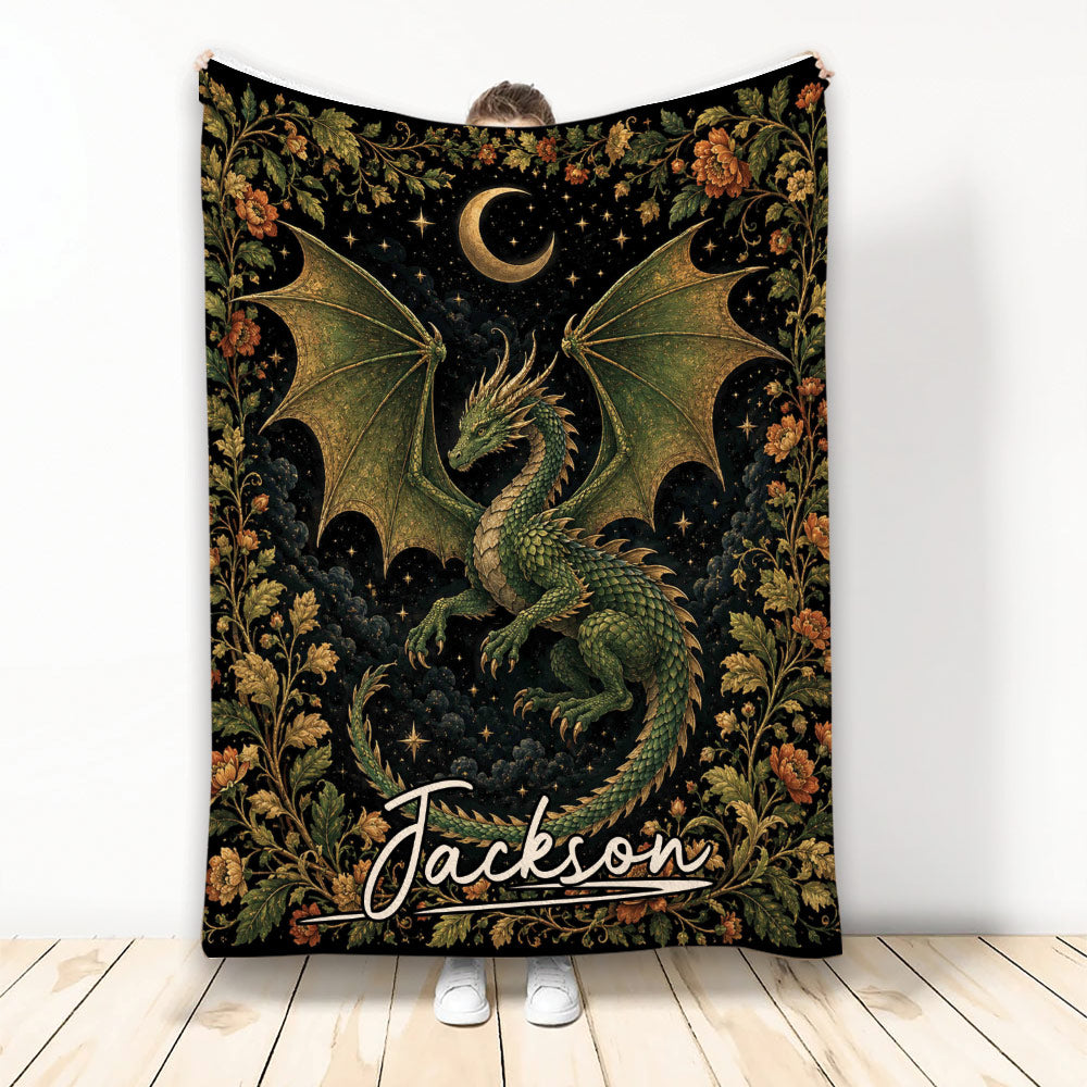 Green dragon throw blanket with crescent moon, stars, and ornate floral border