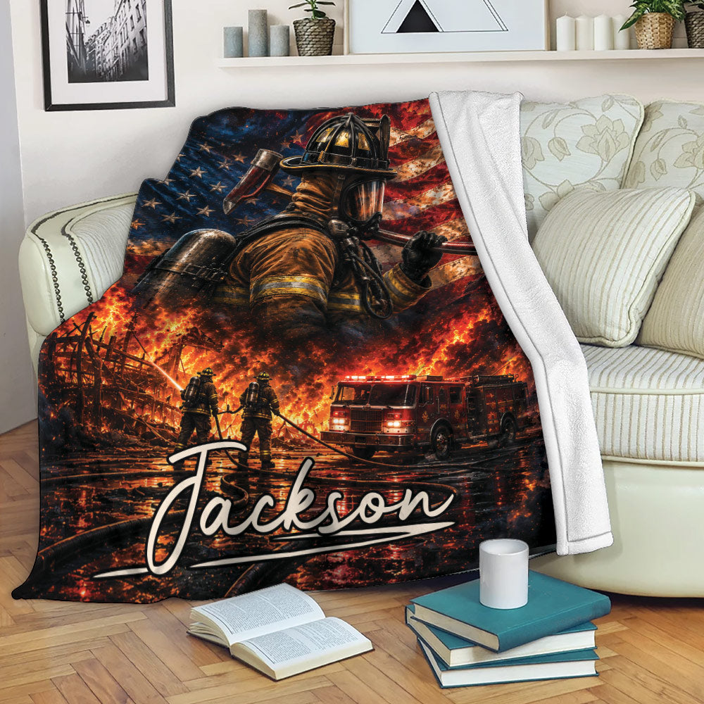 Firefighter throw blanket draped over a sofa with patriotic fire rescue artwork and dramatic flames