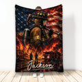 Firefighter blanket with dramatic flames, fire truck, American flag artwork, and custom design detail