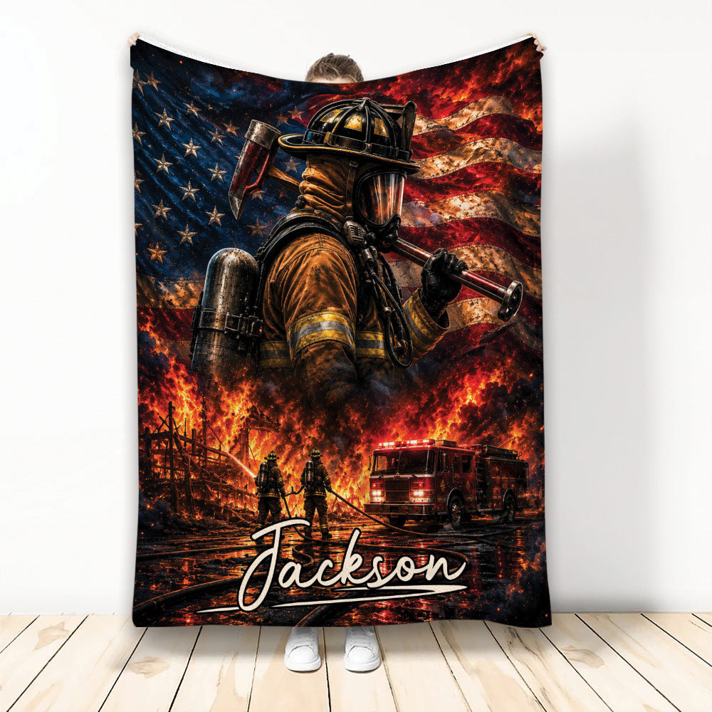 Firefighter blanket with dramatic flames, fire truck, American flag artwork, and custom design detail