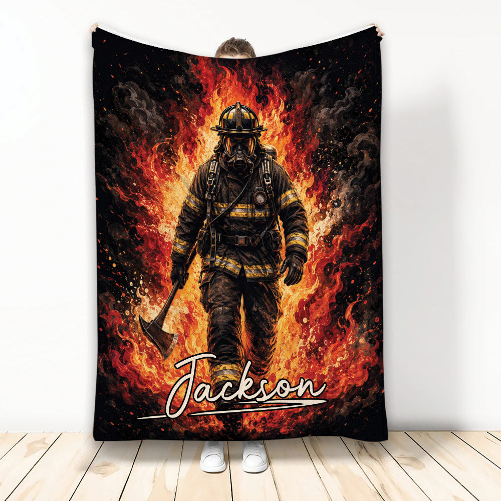 Firefighter blanket featuring a fully geared firefighter with an axe surrounded by dramatic red and orange flames