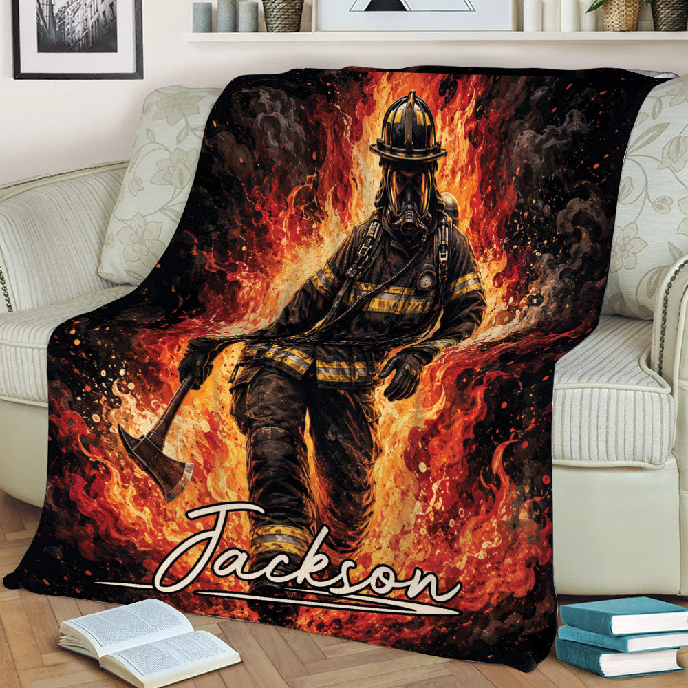 Firefighter blanket draped across a couch, showing protective gear and an axe against a fiery background