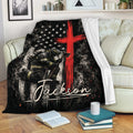 Firefighter blanket displayed on a living room couch with dramatic smoky artwork and patriotic-inspired red and white design