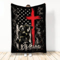 Firefighter throw blanket with kneeling firefighter artwork, smoky black background, stars, and bold red cross