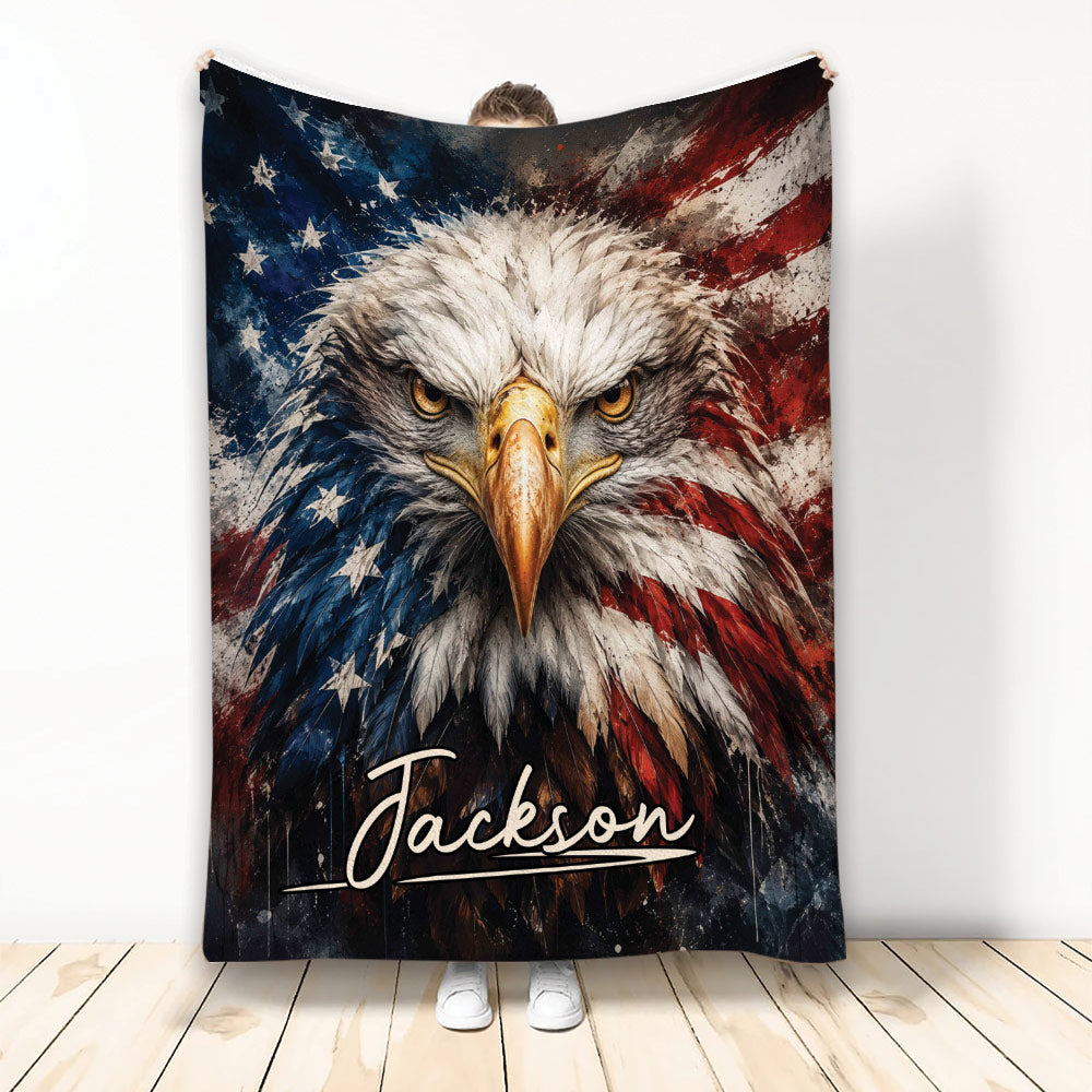 Patriotic eagle blanket featuring a dramatic bald eagle against distressed American flag artwork