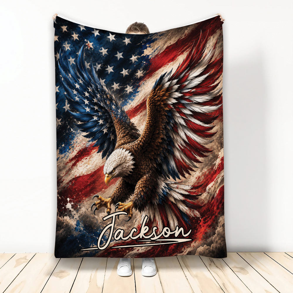 Patriotic eagle blanket with dramatic wings, American flag colors, and bold wildlife artwork
