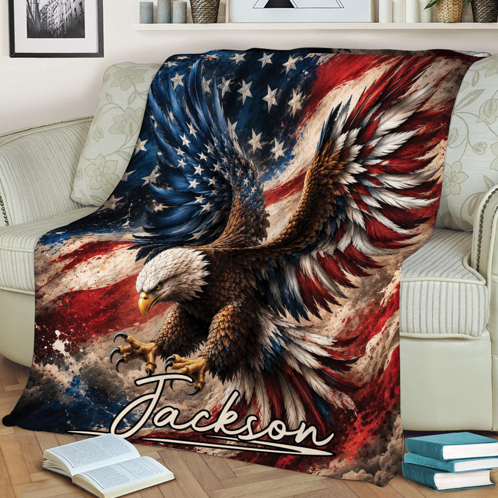Close lifestyle view of an eagle throw blanket draped across a sofa in a patriotic design