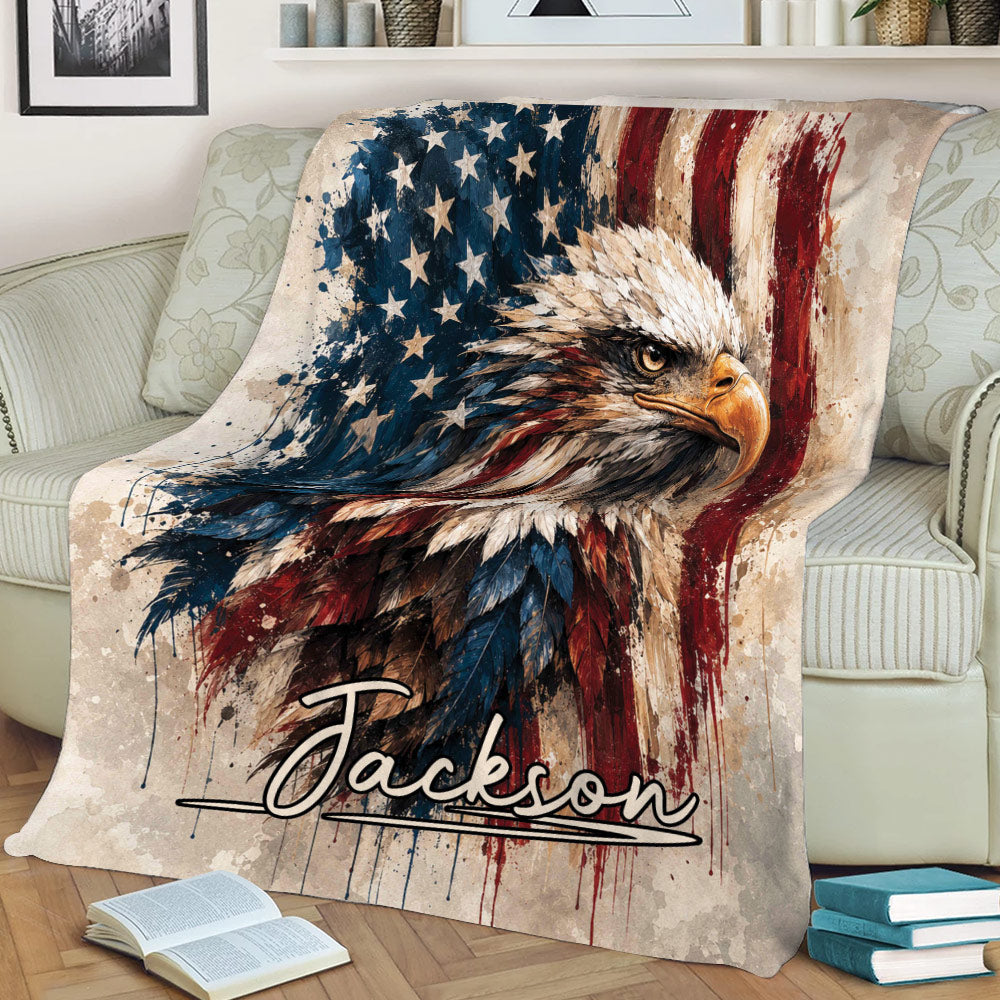 Bald eagle throw blanket draped over a sofa with distressed American flag artwork