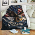 Patriotic eagle throw blanket displayed on a sofa with American flag and mountain scenery