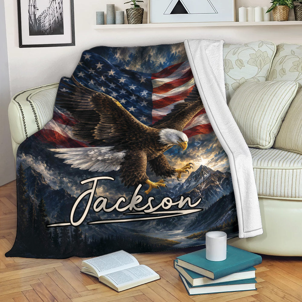 Patriotic eagle throw blanket displayed on a sofa with American flag and mountain scenery