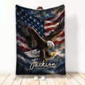 Eagle blanket with patriotic American flag, mountain landscape, and dramatic flying eagle artwork
