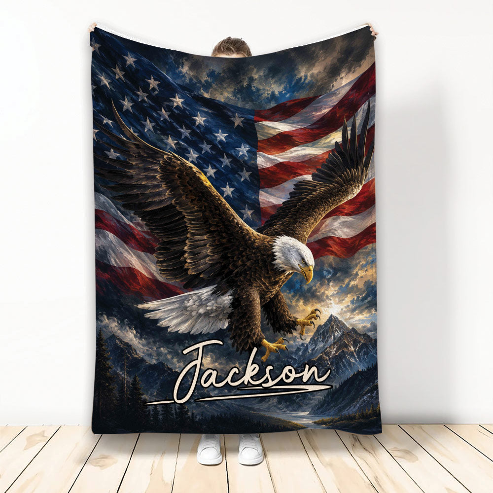 Eagle blanket with patriotic American flag, mountain landscape, and dramatic flying eagle artwork