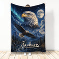 Eagle blanket with soaring bald eagle artwork, moonlit mountains, pine forest, and starry night sky