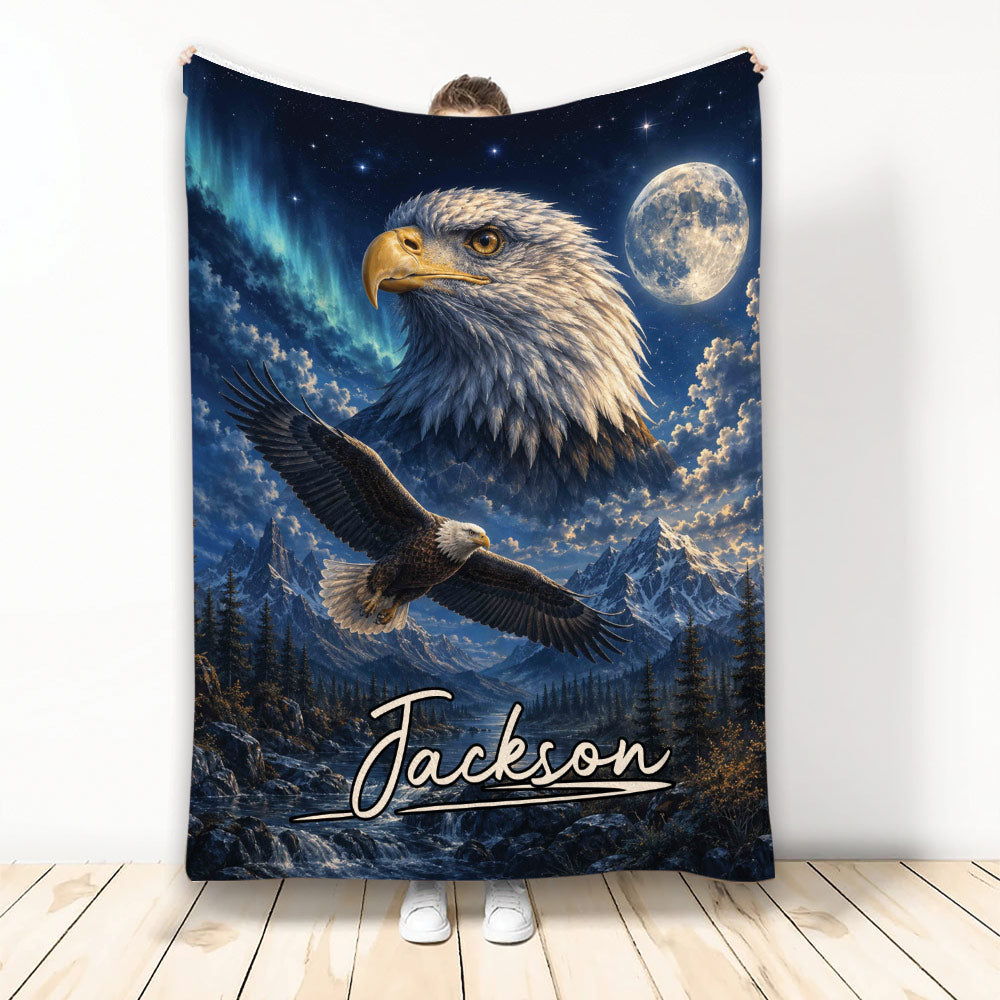 Eagle blanket with soaring bald eagle artwork, moonlit mountains, pine forest, and starry night sky