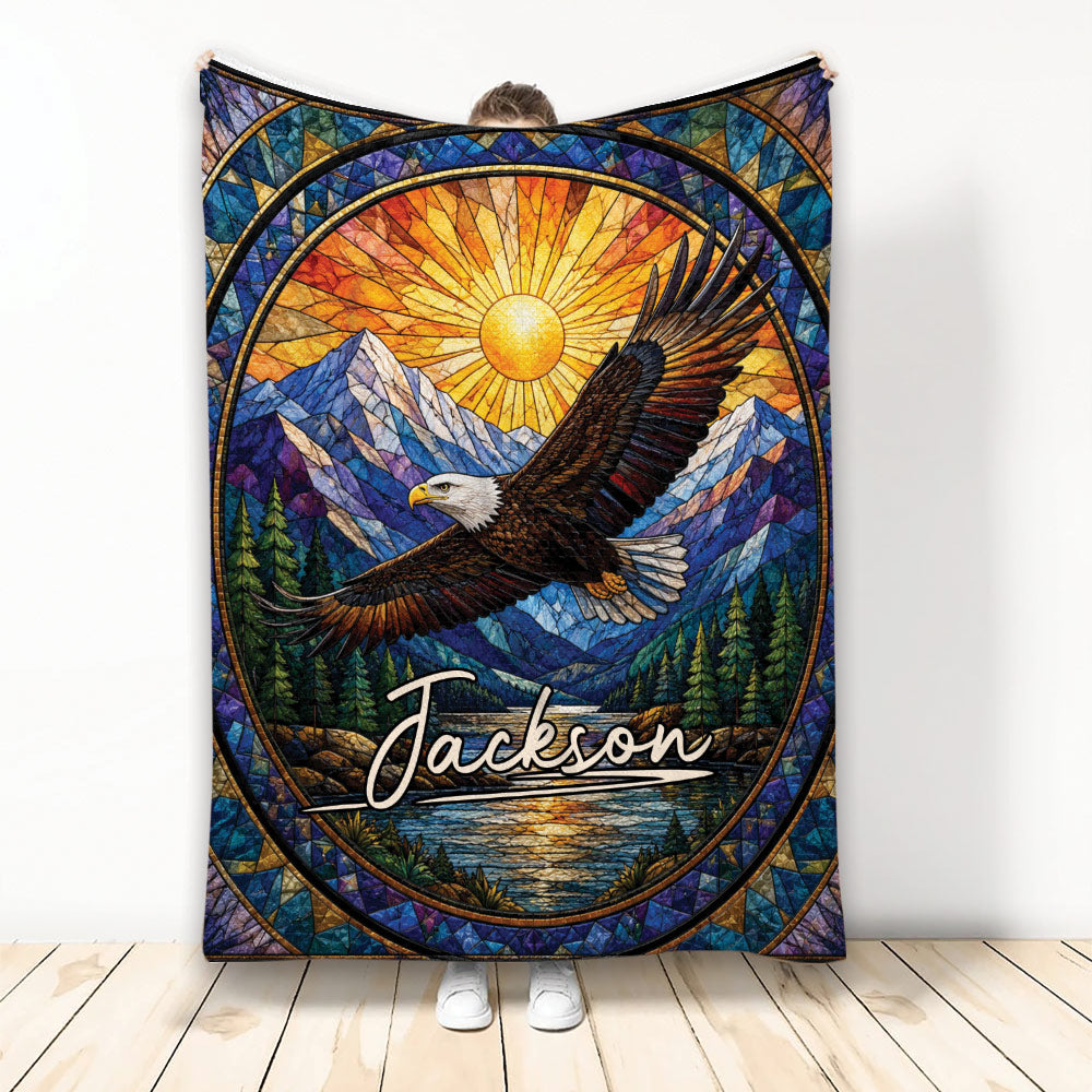 Eagle throw blanket with stained glass mountain landscape, forest, lake, and radiant sun design
