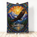 Eagle throw blanket with stained glass mountain landscape, forest, lake, and radiant sun design