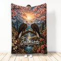 Eagle throw blanket featuring two bald eagles, mountain scenery, river, sunset, and cherry blossom branches