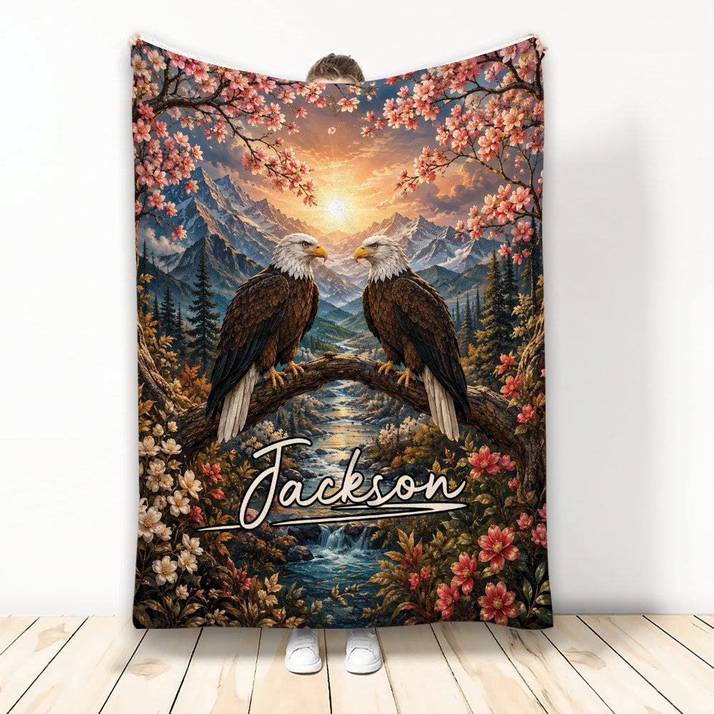 Eagle throw blanket featuring two bald eagles, mountain scenery, river, sunset, and cherry blossom branches