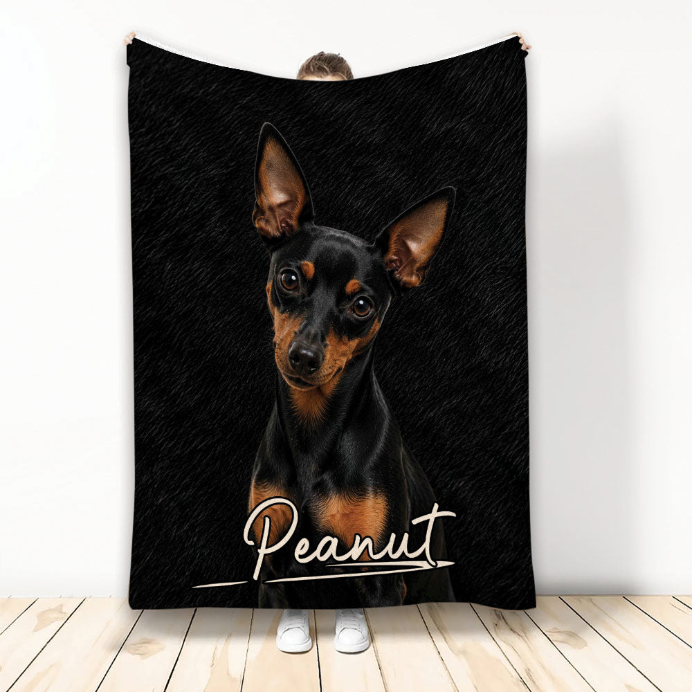 Miniature Pinscher blanket featuring a black-and-tan dog portrait on a dark background