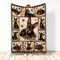 Miniature Pinscher throw blanket with black-and-tan dog collage, paw prints, stars, and hearts