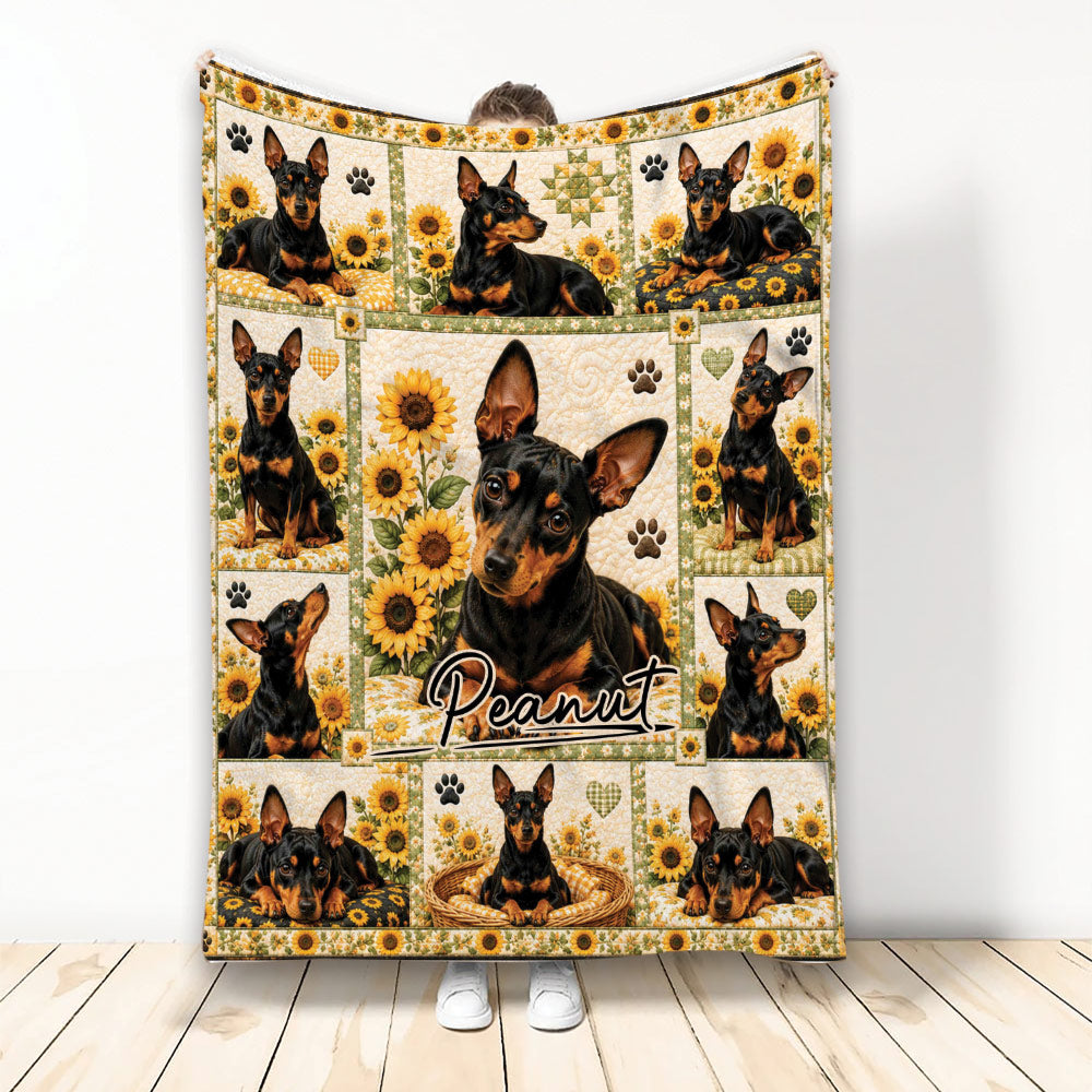 Miniature Pinscher throw blanket with black and tan dogs, sunflowers, paw prints, and warm floral colors